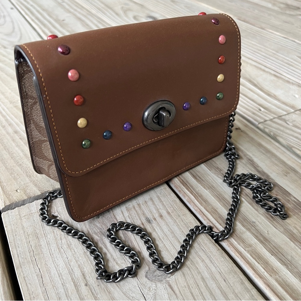 Coach Bowery crossbody Rainbow studs chain strap pewter brown pride F30575